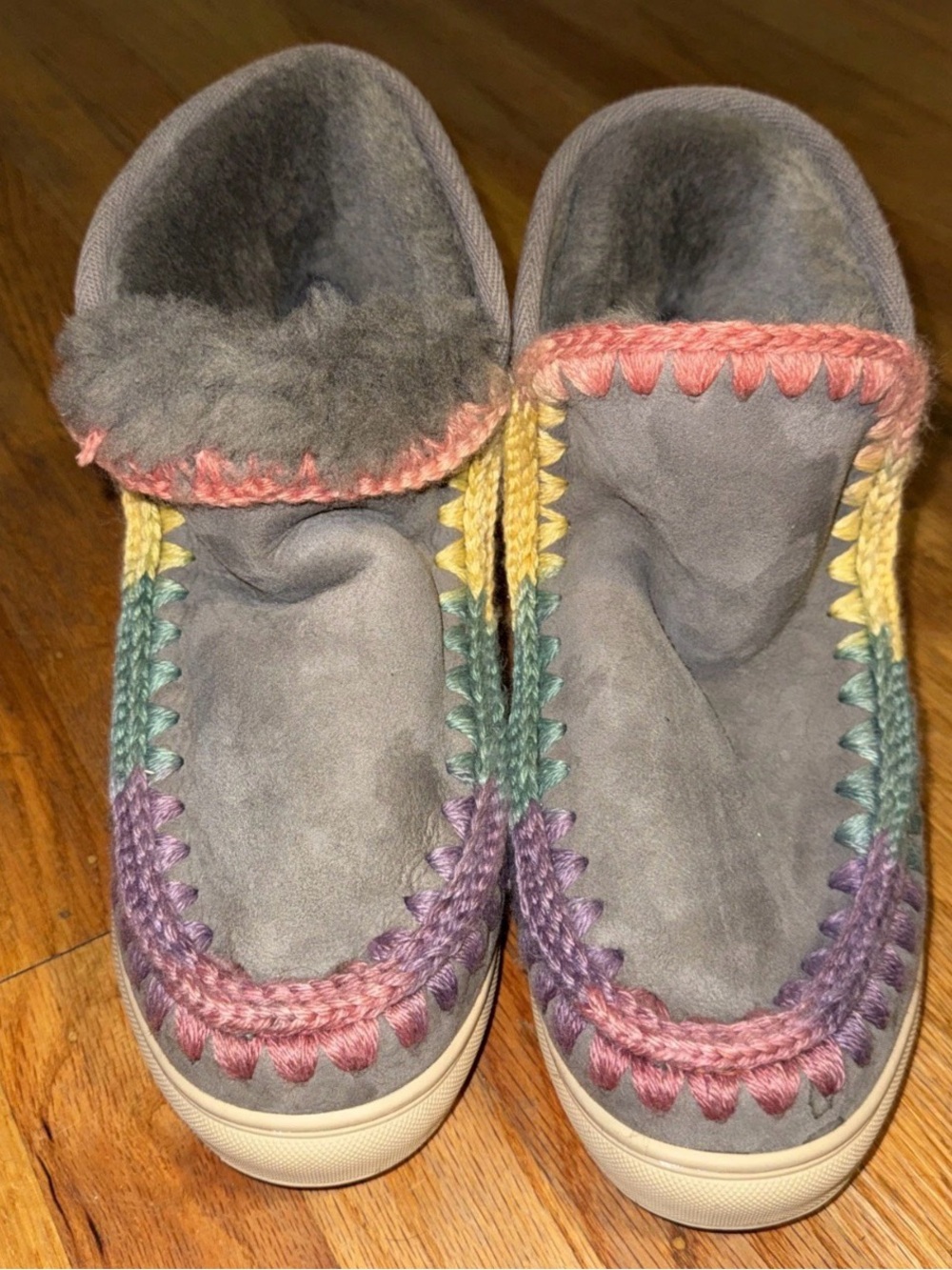 Mou Gray Suede Shearling Ankle Booties with Pastel Crochet Accents Size EU 40